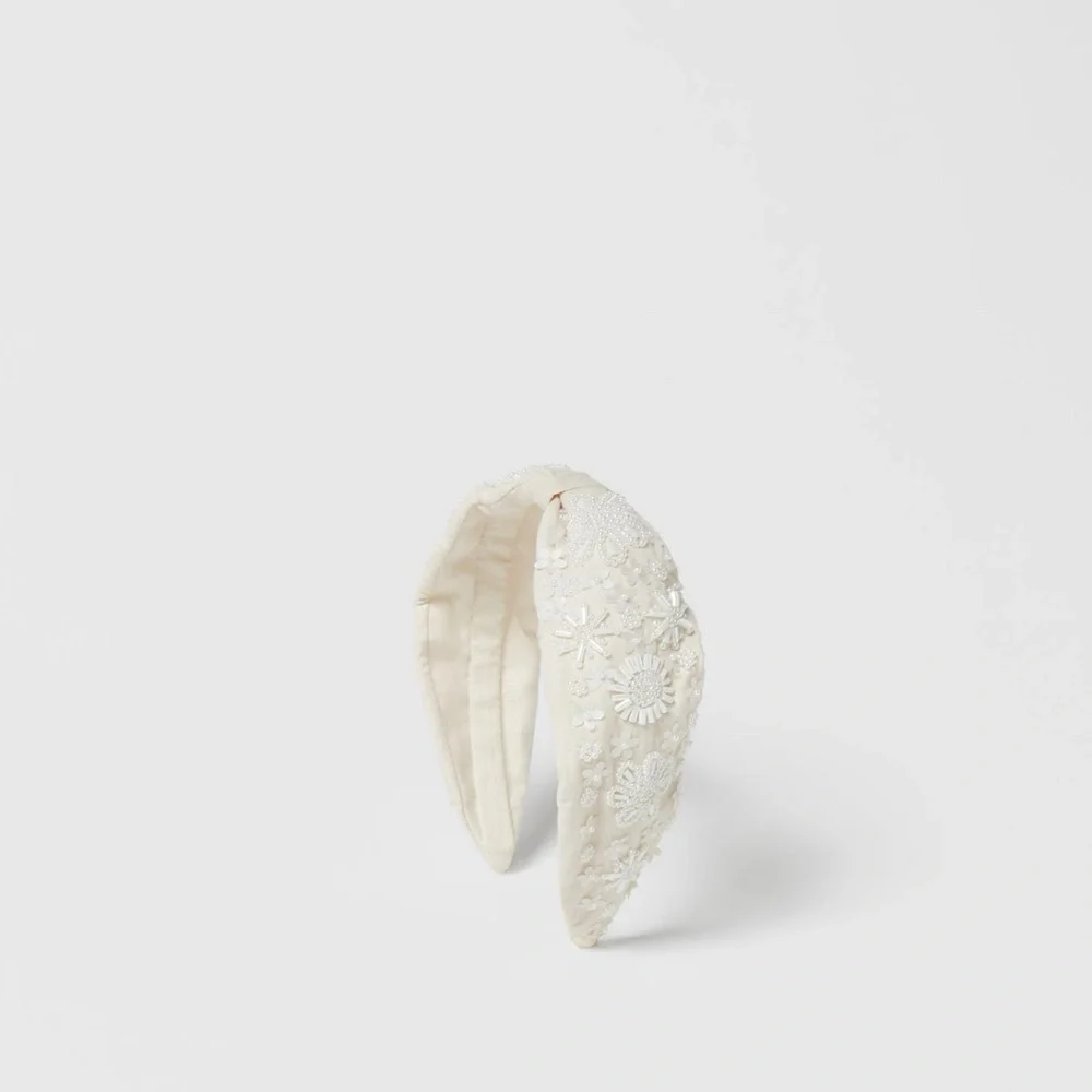 ZARA Girls Embellished Padded Headband Pearl Beaded Ivory